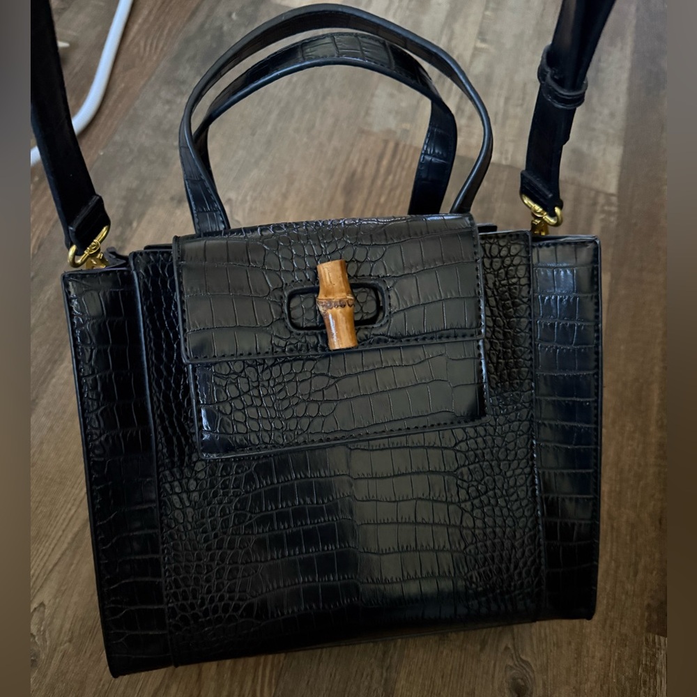 Fawn Design Black Faux Crocodile-Embossed Handbag